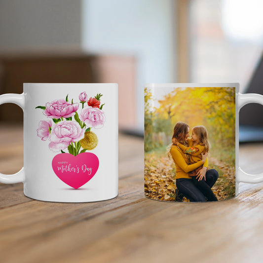 Mug Personnalisé Bonne Fête des mères avec coeur, fleurs et photo